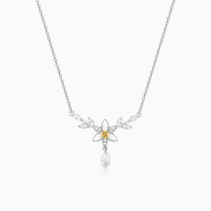 "White Flower CZ Stone Leaf Necklace - Sterling Silver"